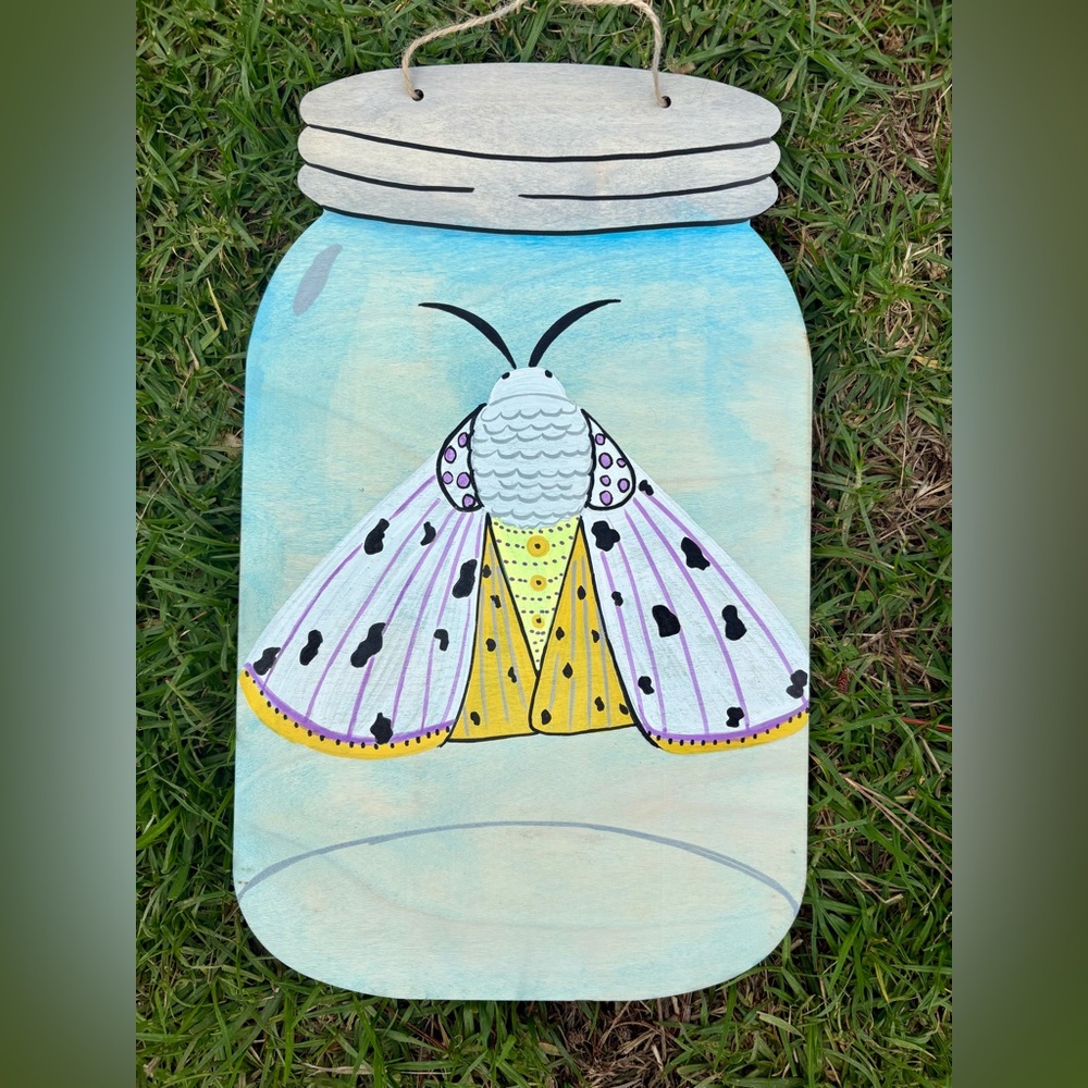 Hand-Painted Moth Jar Wall Art - Pastel Blue, White, Yellow, Purple